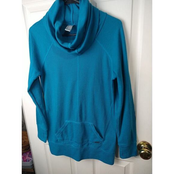 Mondetta Woman M Aqua Waffle Knit Cowl Neck Long Sleeve Thumb Hole Pullover - Picture 2 of 10